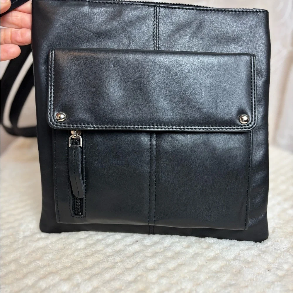 Champs Black Smooth Leather RFID Messenger Crossbody Bag